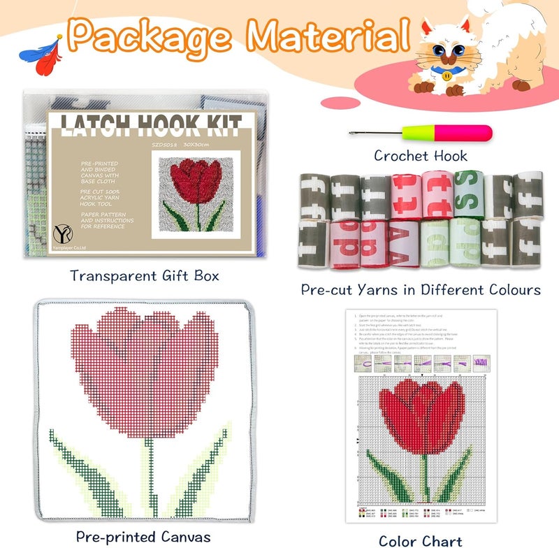 YP Rose Latch Hook Rug Kit for Beginners & Adults - 12x12 Inch DIY Needlework Crochet Rug with Soft Pre-Cut Yarn, Easy-to-Follow Pattern, Perfect for Home Decoration or Gift-Making - Image 2